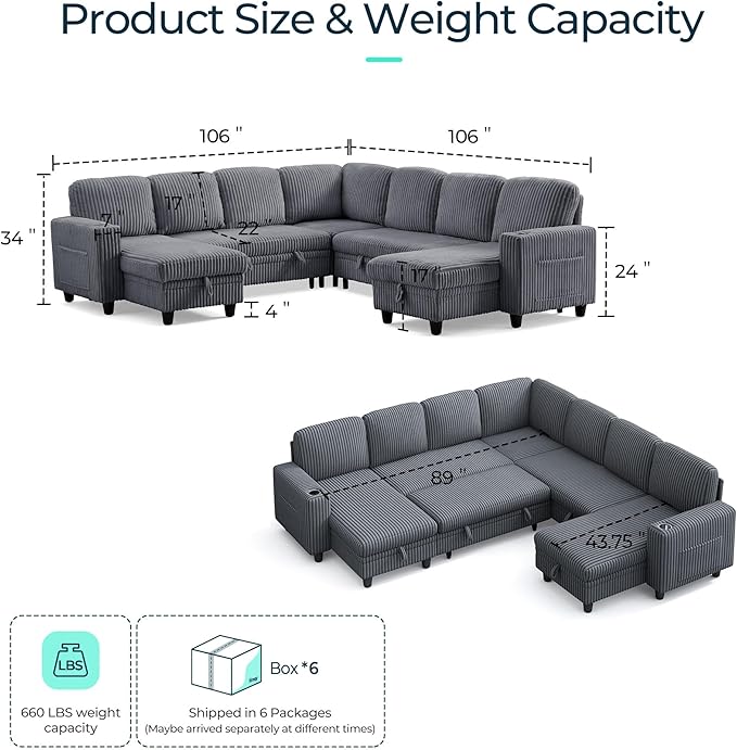 LINSY HOME Sectional Sleeper Sofa Pull Out Couches for Living Room (Grey, Sleeper Sofa 5) | Pull Out Sofa Bed, Storage, USB Charging, Cup Holders, Plush Corduroy