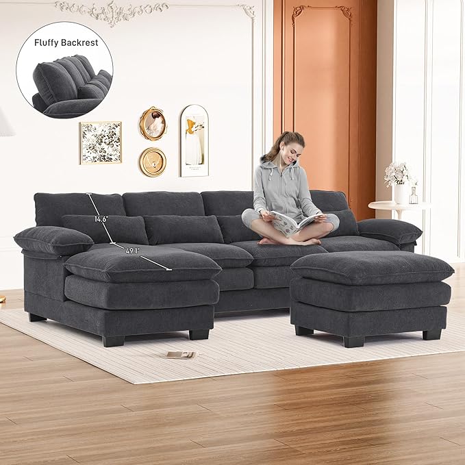 113" Cloud Couch Sectional Modular Sofa U Shaped Sectional Couches for Living Room Comfy 5-Seater Deep Seat Couch Chenille Cloud Sectional Sofa with Movable Ottoman & 4 Pillows, Dark Grey