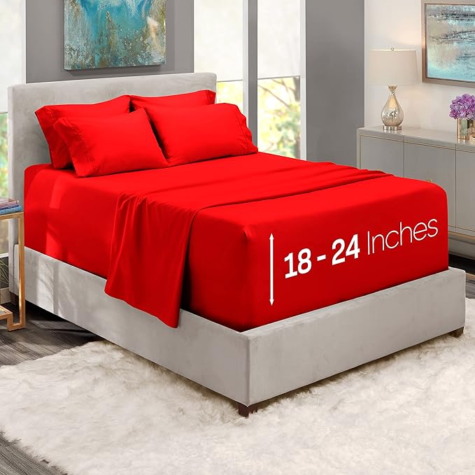 Hearth & Harbor Extra Deep Pocket King Size Sets - Fits Mattress 18-24 Inches Deep - Extra Deep Pocket Sheets - 6 Piece King Size - Cherry Red