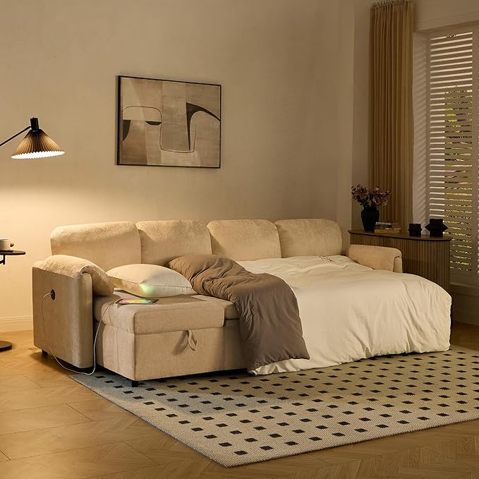 Tbfit 109'' Pull Out Sofa, Sleeper Sofa Bed with USB & 2 Storage Chaises, Comfy Oersized U Shaped Convertible Sectional Sleeper Couches for Living Room, Apartment, Office, Beige