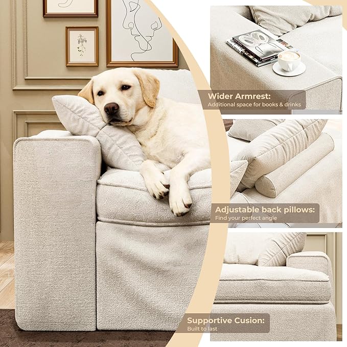 108 Inch Cloud Sectional Couch, Modular Sectional Sofa with Deep Seat, Convertible L-Shape Couch with Ottoman, 3 Seater Cloud Couches for Living Room, No Assembly Required (Warm White)