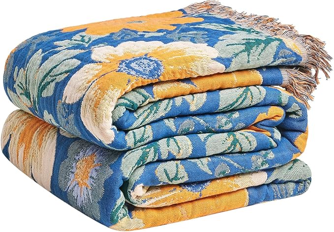 LUTBM Boho Throw Blanket for Couch Sofa Chair Cotton Spring Blankets for Bedroom Living Room All Season Lightweight Reversible Floral Embroidery Throws 50"x60"