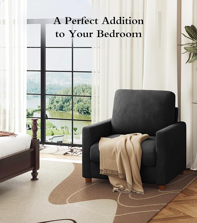 Kidirect 35.5in Corduroy Couch Accent Chair, Tool-Free Setup Living Room Sofa Accent Chairs, Reading Chair for Bedroom 22.5in Extra Deep Seats, Comfy Arm Chairs for Office, All-Wood Reading Nook Black