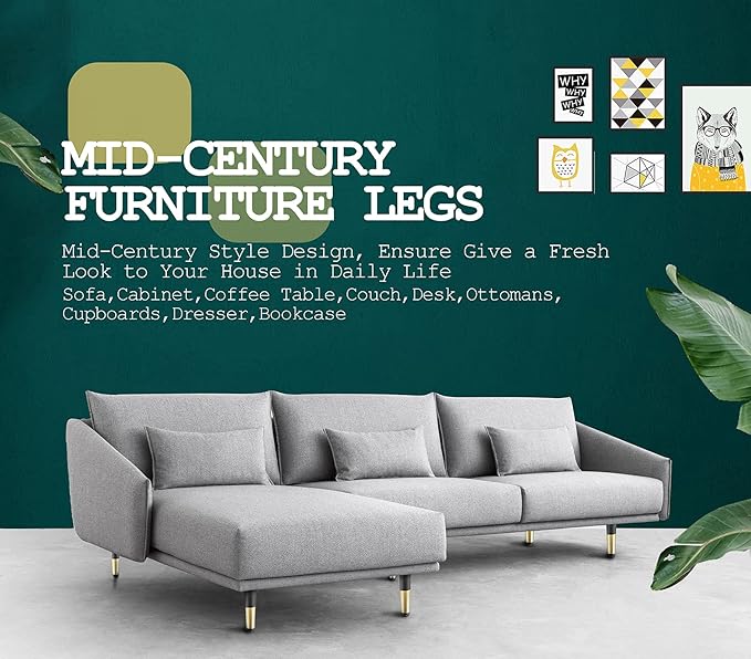 4pcs 6 Inch Furniture Legs, Straight Conical Metal Legs Matte Black Gold Mid-Century Style Furniture Feet for Sofa Cabinet Table Chair Cupboard Couch Ottoman Home DIY Projects