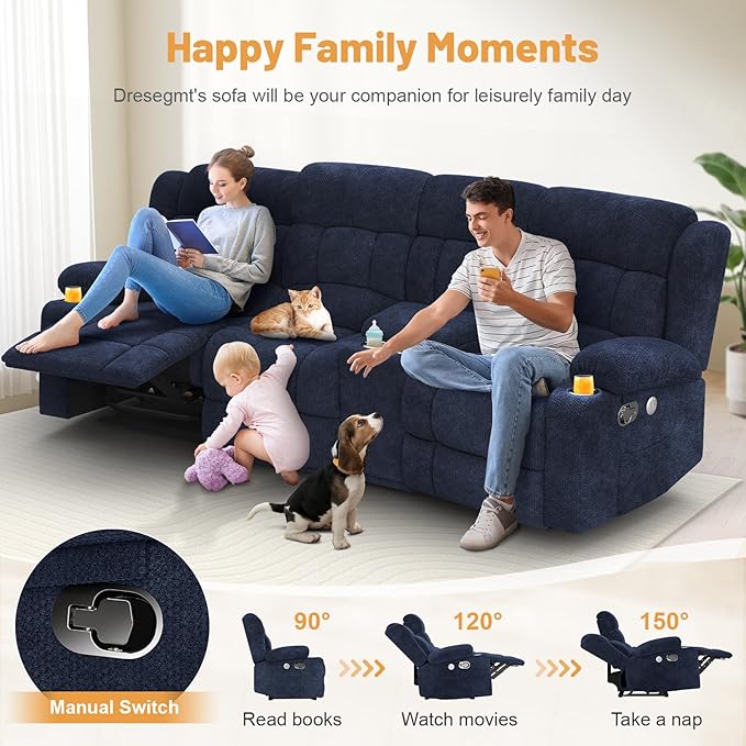 Recliner Sofa with Storage Console, Flip Middle Backrest Design 3-Seater Reclining Sofa with Storage Drawer, USB Ports & Cup Holders, Manual Couch for Living Room (Blue, 3 Seater + Console)