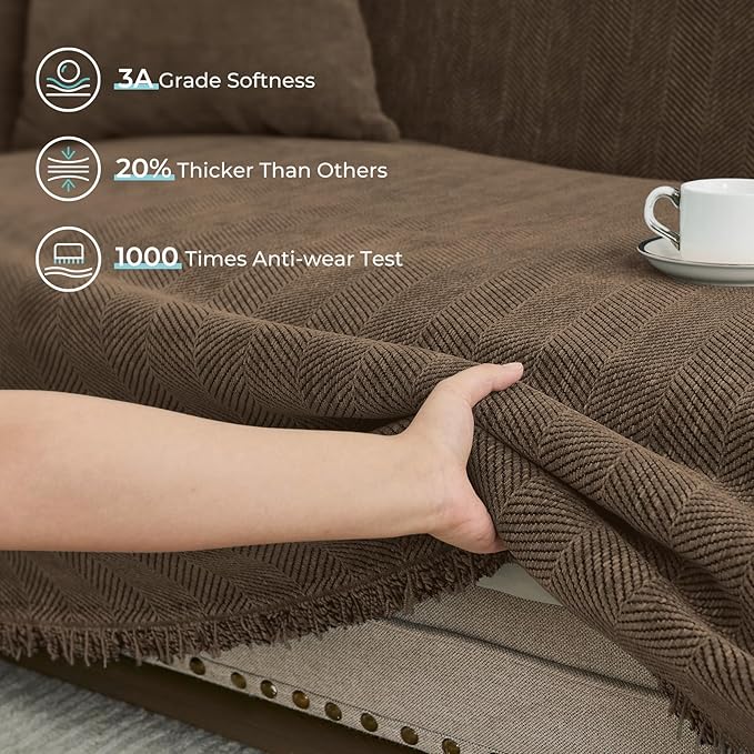 Sectional Couch Covers 2 Pieces, Chenille L Shaped Couch Cover Blanket for Sectional Sofa with Herringbone Pattern Washable Sofa Slipcovers (X-Large: 71" x 110" + 71" x 118", Coffee)