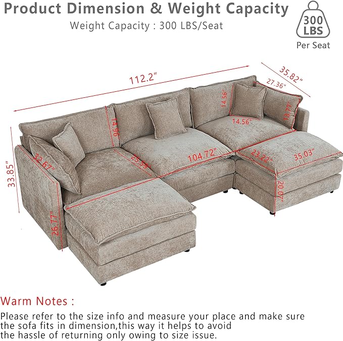 Setawix Deep 3 Seater Couch with Ottomans,112.2" U-Shaped Cloud Couches for Living Room,Chenille Cloud Sofa Couch with Deep Seat,Modular Sectional U Shape 3 Seat Sofa for Bedroom (Coffee, 3+2)