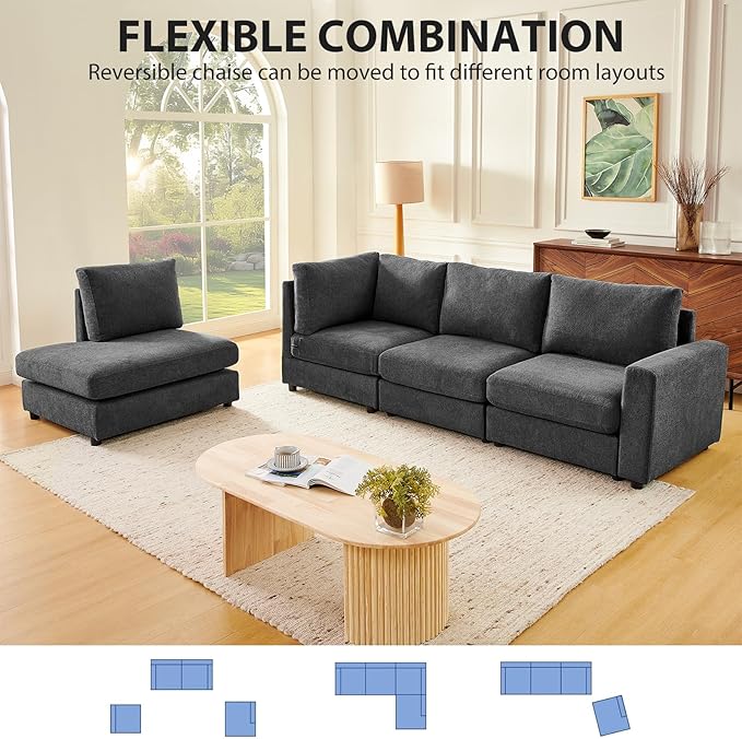 100" L-Shaped Couch with Reversible Chaise, Chenille Modular Sectional Sofa, 4-Seater Corner Couch for Living Room, Apartment, Dark Grey