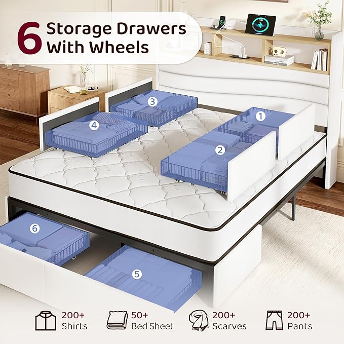 BRELTAM King Size Bed Frame with 6 Storage Drawers, Linen Upholstered Platform Bed with Charging Station,2-Tier Wave-Shaped Headboard Design,No Box Spring Needed,Easy Assembly,White