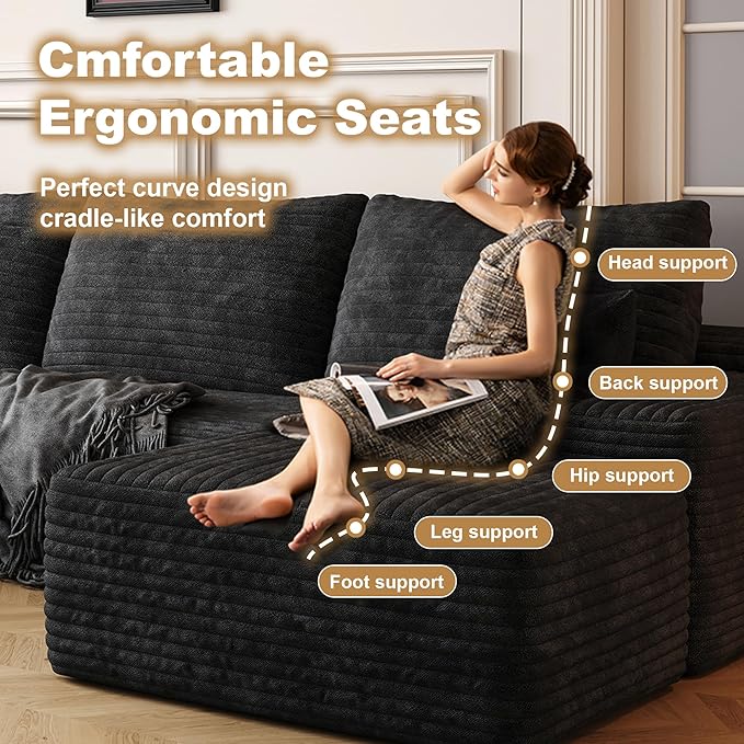 108" Sectional Couches for Living Room Cloud Couch Sofa with L-Shape Upholstered Boneless Couchs Modern Modular Sectional Couch with Chaise (Black, 108" Left Facing Chaise+2Seaters+1Ottoman)