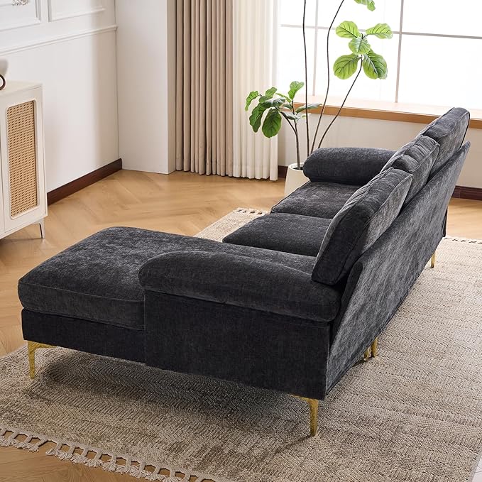Sectional Couches for Living Room,85" L-Shaped Sofas,Modern Couch with Deep Seats & Chaise Longue,Removable Sofa Pillows Washable,Sofa for Apartments(Chenille,Black)