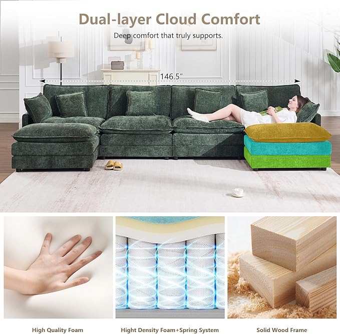 147" Modular Sectional Sofa, Oversized U Shaped Sectionals Cloud Couch, Big Comfy Couch with 2 Ottomans, 6 Seater Chenille Sectional Sofa with Deep Seat and 6 Pillows for Living Room- Green