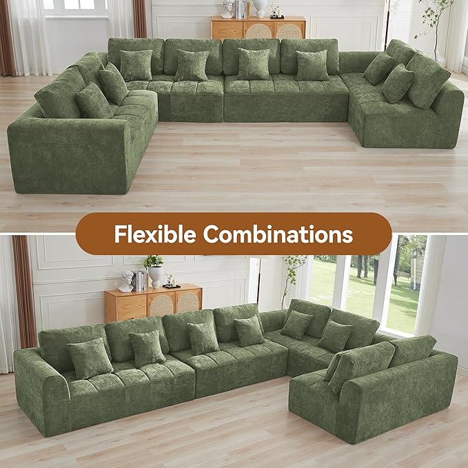 170''Modular Sectional Couches for Living Room, Cloud Boneless Compressed Sectional Sofa, Oversized U Shaped 8 Seater Upholstered Memory Foam Sofa, No Assembly, Chenille Green