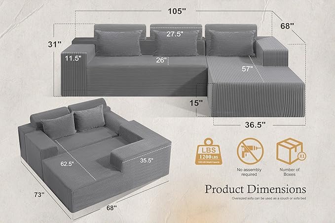HABUTWAY Sectional Couches for Living Room,No Assembly L Shaped Couch 105" Modular Sectional Sofa Couch with Deep Seat,Cloud Couches Furniture Sets for Apartment,Corduroy (Light Grey, Right Facing)