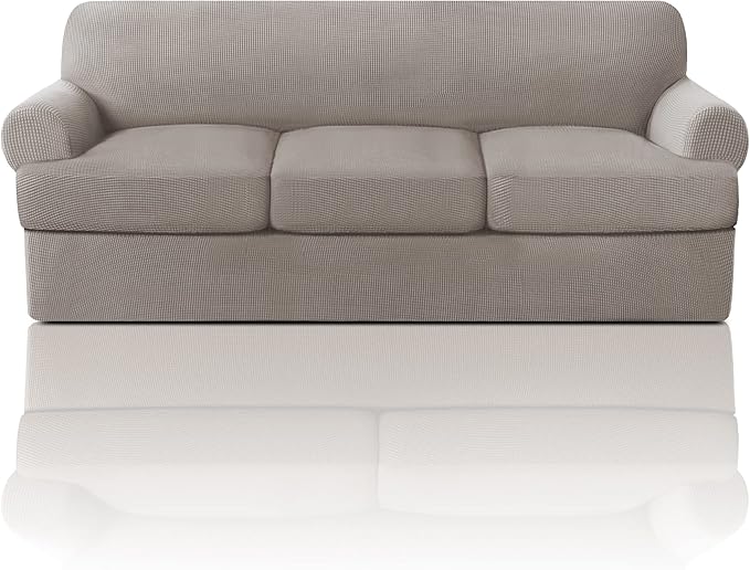 PrinceDeco T Cushion Sofa Slipcover 4 Pieces Sofa Covers for T Cushion Couch Soft Sofa Slip Covers Furniture Protector with 3 Individual T Shape Seat Covers Width Up to 88 Inch, Taupe