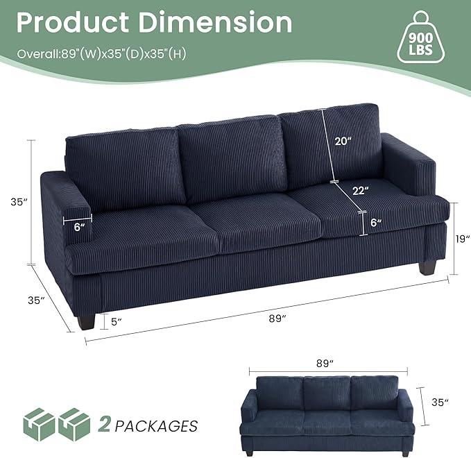 YOUDENOVA Sofa, 3 Piece Set Comfy Sofa, Loveseat & 2 3-Seater Couch with Deep Seats for Living Room, Modern Sleeper Couch, Blue Corduroy