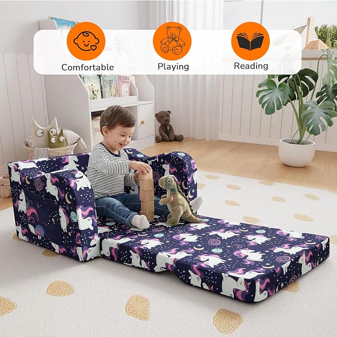 MeMoreCool Kids Folding Couch – Purple Unicorn Toddler Chair, Fold-Out 2-in-1 Sofa Bed Comfy Foam Seating, Washable Cover, Armrests & Side Pocket for Playroom or Nursery Ages 1–3
