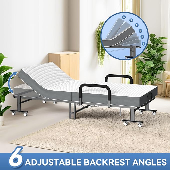 Adjustable Folding Bed with Mattress, 8 Smooth-Rolling Wheels & 2 Armrests, Portable, Foldable Guest Bed for Adults, 75" x 38"