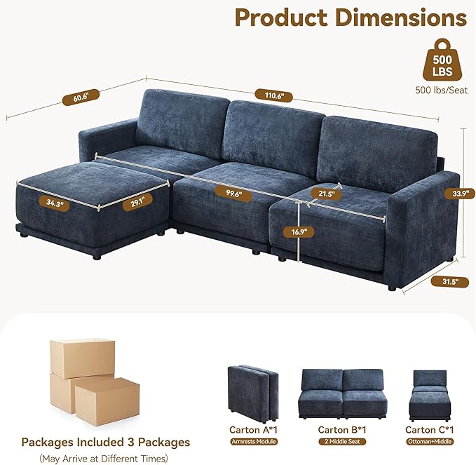 110.6" L Shaped Modular Sectional Sofa Modern Chenille Comfy Couch with Thickened Seat Cushions, Easy Assembly, Upholstered 4 Seater Couch with Movable Ottoman for Living Room, Blue