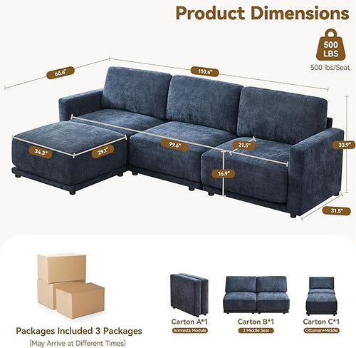 110.6" L Shaped Modular Sectional Sofa Modern Chenille Comfy Couch with Thickened Seat Cushions, Easy Assembly, Upholstered 4 Seater Couch with Movable Ottoman for Living Room, Blue