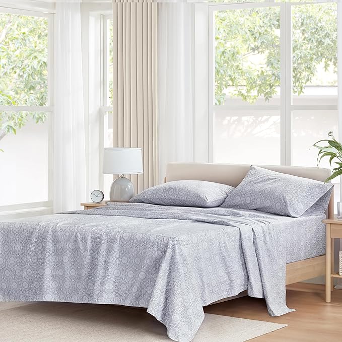 Comfort Spaces 100% Cotton Sheet Set Breathable, Lightweight, Soft with 14" Elastic Pocket Fits up to 16" Mattress, All Season Cozy Bedding, Matching Pillow Case, Cal King Adelia Gray 4 Piece