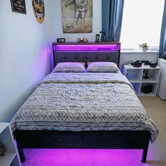 Homkdom Full Size Bed Frame Smart RGB LED Lights, Grey Upholstered Headboard with Charging Station Type C&2-Tier Storage Shelves,12" Under-Bed Storage, Noise-Free,Easy Assembly,Black