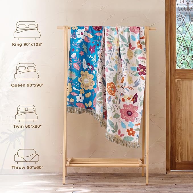 LUTBM Boho Throw Blanket for Bed Cotton Spring Blankets Twin Size for Bedroom Living Room All Season Lightweight Floral Embroidery Quilt for Couch Sofa Chair 60"x80"