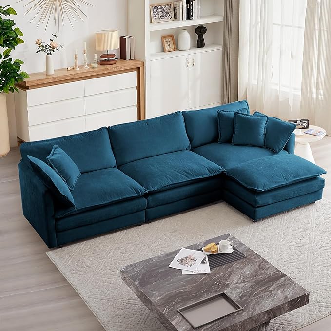 mikibama Modular Sectional Sofa, 111.5 Inch L Shaped Couch Set for Living Room, 3-Seater Comfy Cloud Couches with Movable Ottoman, DIY Combination, Chenille, Blue