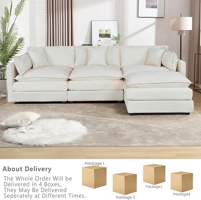 Setawix Deep 3 Seater Couch with Ottoman,112.2" L-Shaped Cloud Couches for Living Room,Chenille Cloud Sofa Couch with Deep Seat,Modular Sectional L Shape 3 Seat Sofa for Bedroom (Beige, 3+1)