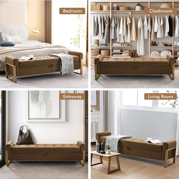 67" End of Bed Storage Bench King Size, Velvet Storage Bench for Bedroom Foot of Bed, Upholstered Storage Ottoman Bench with Gold Legs for Window Living Room Entryway, Brown