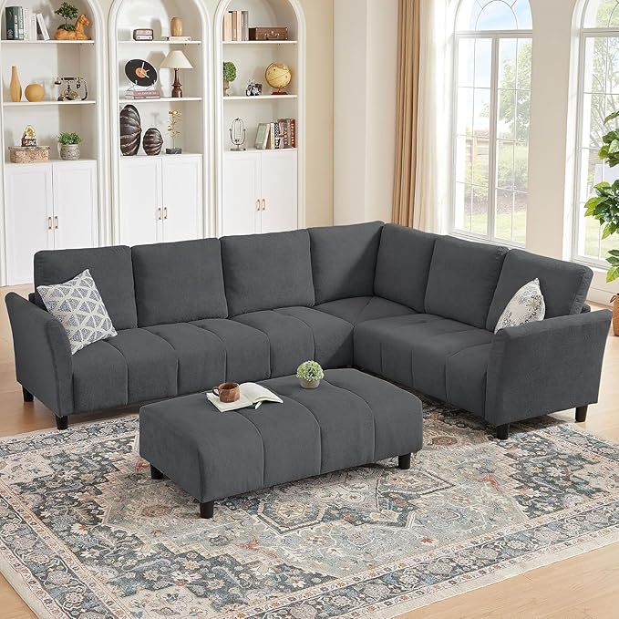 103" Convertible Sectional Sofa with Long Ottoman, Modern Upholstered Fabric L-Shaped Couch with Back Cushions, 6 Seat Sofa Couches for Living Room, Apartment, Office, Dark Grey