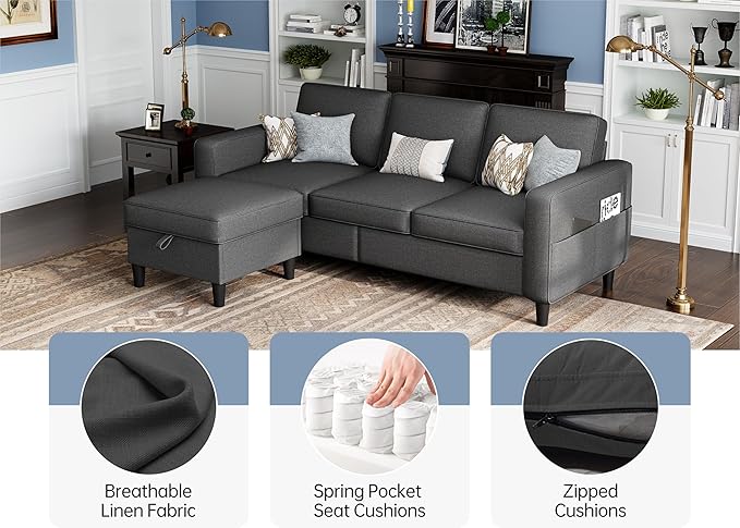 Sectional Couches for Living Room 78" Convertible L Shaped Couch with Removable Storage Ottoman 3 Seater Sofas Modern Linen Dark Grey Sofa for Apartments Studios Dorms Small Spaces