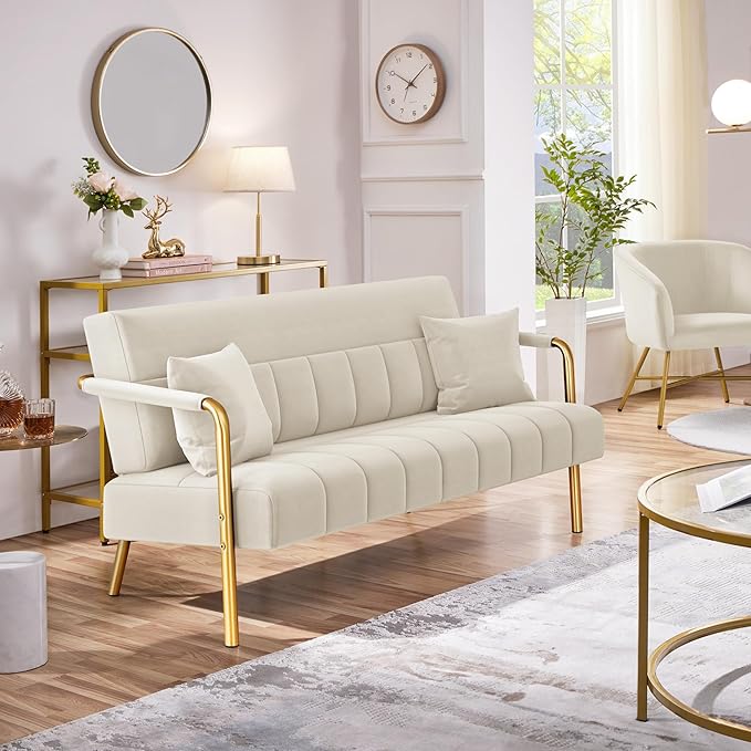 Yaheetech 56.5" W Modern Sofa Small Sofa Luxurious Velvet Fabric Couch with Gold-Tone Metal Arms and Legs for Living Room, Home Office, Studio Beige
