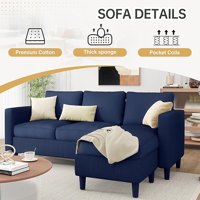 JAMFLY Couches for Living Room, 3-Seat Reversible Sectional Sofa with Convertible Ottoman, Modern Ribbed Fabric L-Shaped Couch for Small Apartment, Studio & Office, Easy Assembly, Blue