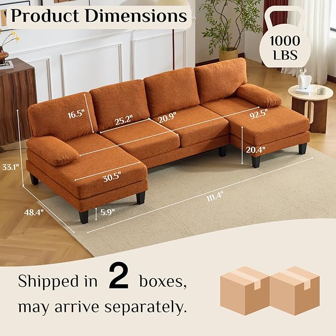 Karl home 110" U-Shape Sectional Couches for Living Room Chenille Upholstery 4 Seat Sofa Set with Double Chaises & Wood Grain Legs for Apartment, Orange