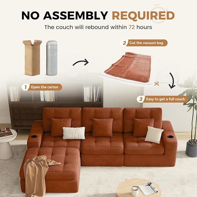 112" L Shaped Cloud Boneless Couch,Modern Modular Sectional Sofa with Layered Cushion,No Assembly Convertible Corduroy Couches for Living Room,Caramel 1 PCS