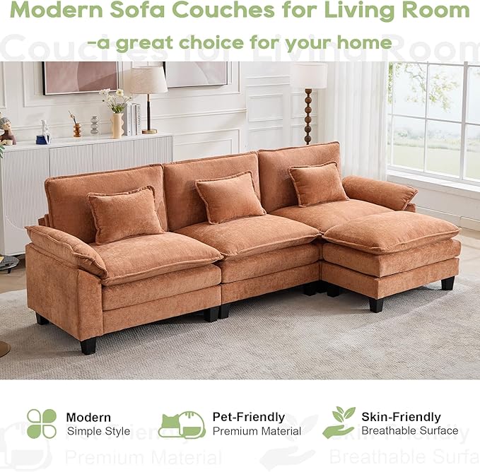 120" Modular Sectional Sofa, Comfy Cloud Couch Sectional Sofa with Ottoman, Chenille Sofa Sleeper Deep Seat Sofa with Throw Pillows for Living Room (Orange, 120"- L Shape)