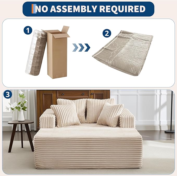 Oversized Chaise Lounge Chair Indoor 61" D x 54" W 2‑Person Comfy Cloud Boneless Couch Corduroy Foam No Assembly Required Sofa Bed with 4 Pillows & Armrests for Living Room & Bedroom