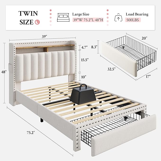 EnHomee Twin Bed Frames, Upholstered Twin Bed with Storage Drawer and 2-Tier Headboard, Vertical Tufted Headboard Design, Extra Storage Space for Bedroom Apartment, Beige