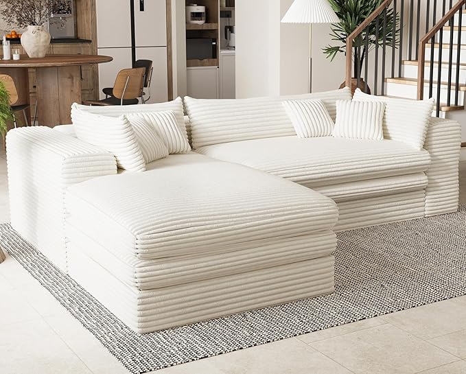 Belffin Plush Corduroy L Shaped Couch with Deep Seat Boneless Modular Sectional Cloud Boneless Couches for Living Room. Left Facing Chaise. Beige Sofa