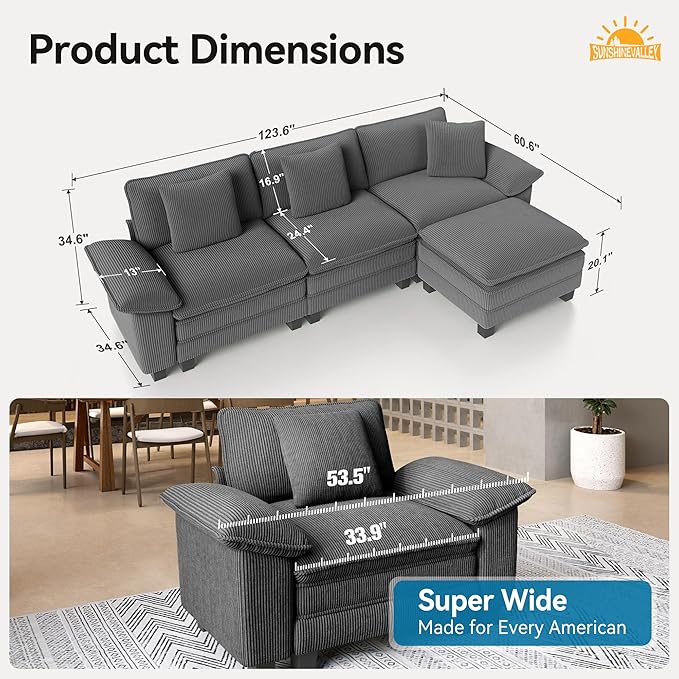 L Shaped Modular Cloud Couch, 123.6'' Comfy Corduroy Sectional Sofa with Wider Armrest and Ottoman, Upholstered 4-Seat Modern Deep Seat for Bedroom Living Room, Grey