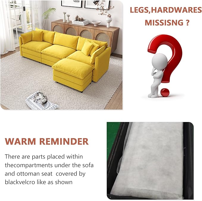 Setawix Deep 3 Seater Couch with Ottoman,112.2" L-Shaped Cloud Couches for Living Room,Chenille Cloud Sofa Couch with Deep Seat,Modular Sectional L Shape 3 Seat Sofa for Bedroom (Yellow, 3+1)