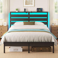 Rolanstar Bed Frame Queen Size with USB Charging Station, LED Bed Frame with Wood Storage Headboard, Black Metal Platform Bed with Under Bed Storage, No Box Spring Needed, Noise Free