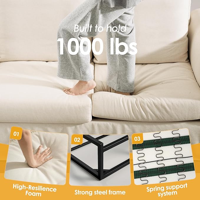 89" 3 Seater Sofa for Living Room, Deep Seated Comfy Couch with Removable Linen Slipcover, Modern Farmhouse Rolled-Arm Sofa, High Back Support, Cream White