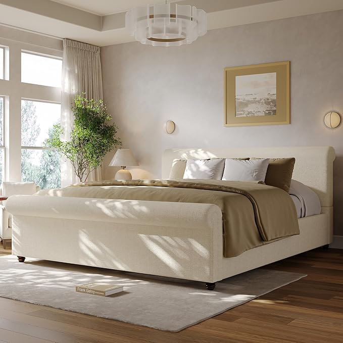 Christopher Knight Home Chenzi Linen Upholstered King Bed Frame and Headboard with Footboard, Wooden Platform King Size Bed Frame and Double-Layer Oval Legs, No Box Spring Needed, Beige