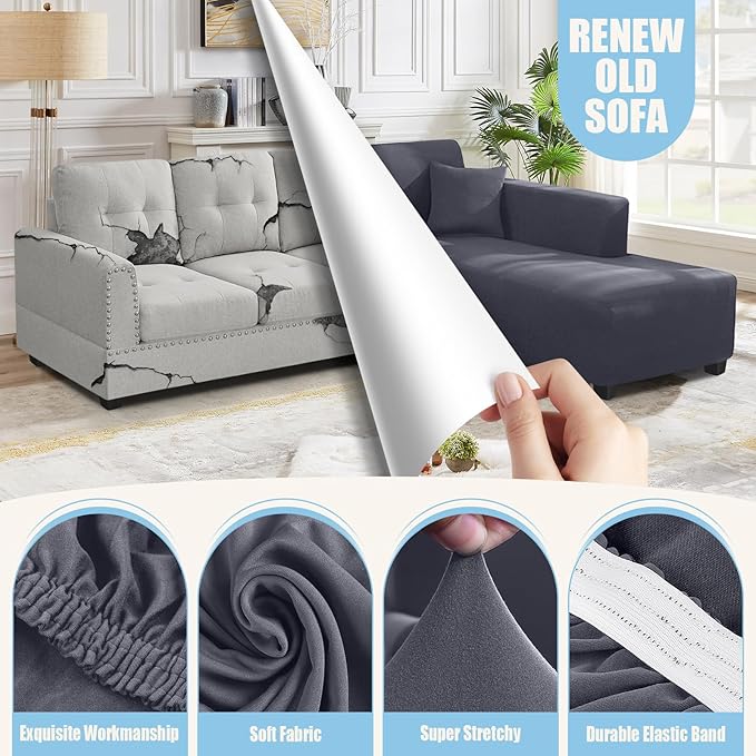 KinCam Sectional Couch Covers L Shape Sofa Covers Super Stretch 2pcs Sofa Slipcovers for 3 + 3 Seaters Sectional Chaise Slipcover with 2pcs Pillow Covers for Pets Kids, Light Grey