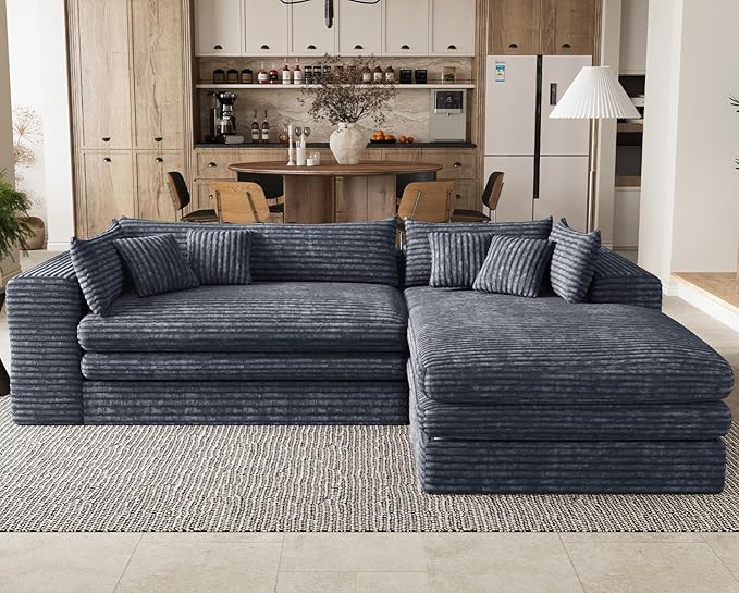 Belffin Boneless Cloud L Shaped Couch with Deep Seat Plush Corduroy Boneless Modular Cloud Sectional Couches for Living Room. Right Facing Chaise. Grey Sofa