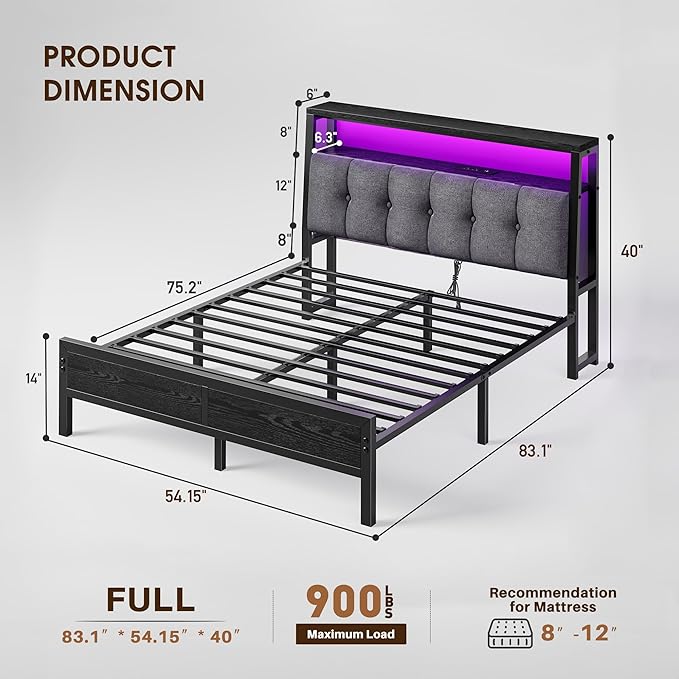 Homkdom Full Size Bed Frame Smart RGB LED Lights, Grey Upholstered Headboard with Charging Station Type C&2-Tier Storage Shelves,12" Under-Bed Storage, Noise-Free,Easy Assembly,Black