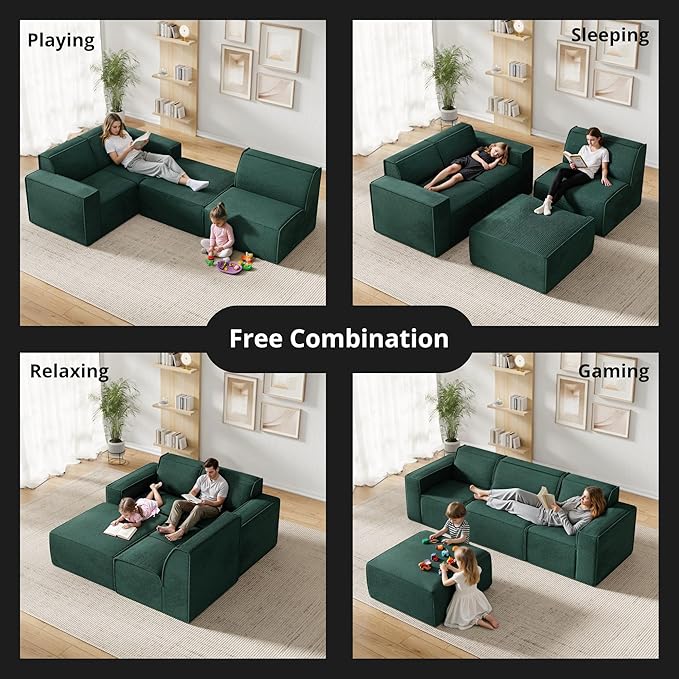 Cozy Castle 106" Modular Sectional Sofa, L Shaped Corduroy Boneless Couch with Deep Seat and Ottoman Chaise Cloud Sofa Upholstered Couches for Living Room Bedroom No Assembly Required (Green)