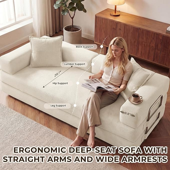 78 Inch Convertible Sofa Bed, 5-in-1 Futon Sofa Bed Pull Out Couch, Boneless Couch Bed for Living Room, Corduroy Boneless Couches for Bedroom, Apartment, No Assembly Sleeper Sofa Bed, Beige | 4 Fixed-Shape Frame, Removable Corduroy, High-density foam, ...